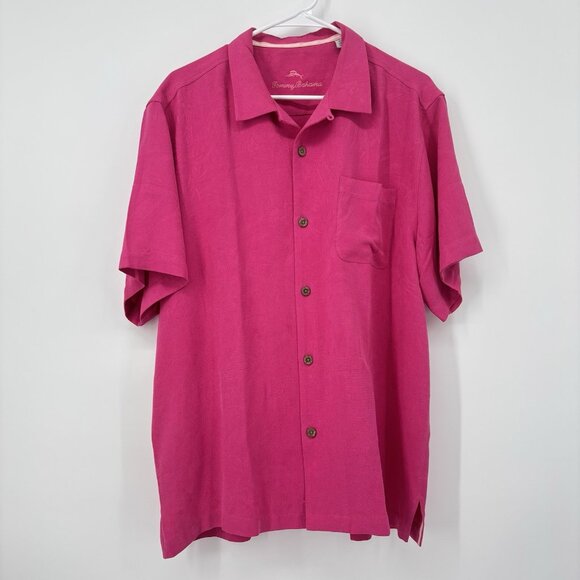 Tommy Bahama Tropic Isles Short Sleeve Hawaiian Camp Shirt Silk Pink Mens Size L - Picture 1 of 13